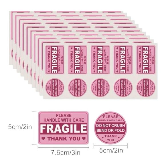 Pink Fragile - 100 Handle With Care Stickers - Do Not Crush Bend - Thank You - Picture 6 of 7
